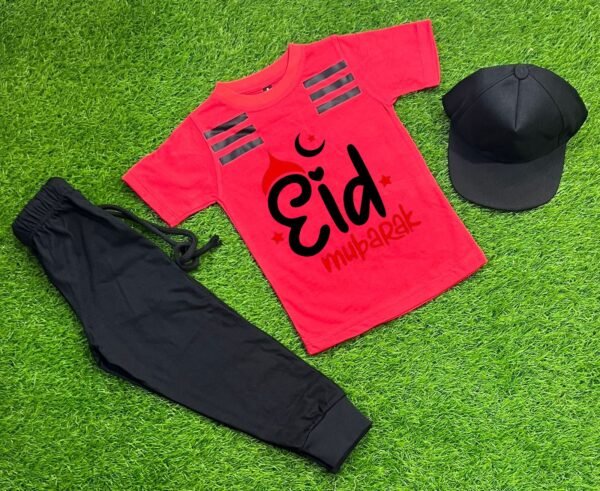 Pack Of 3 Eid Mubarak  Red Tracksuit  For Kid Shirt Trouser Cap - Image 2