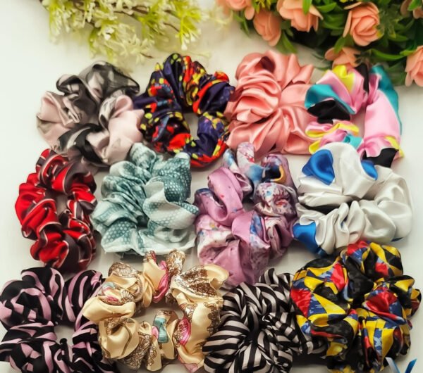 (Pack of 12) Scrunchies for girls hair High Quality Silk  Printed Multi color (random color)