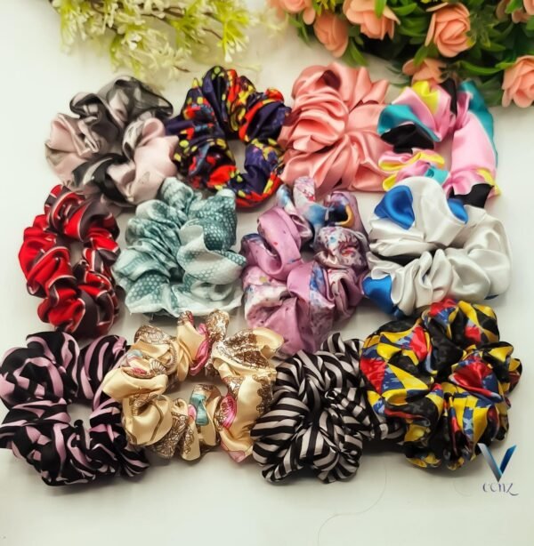 (Pack of 12) Scrunchies for girls hair High Quality Silk  Printed Multi color (random color) - Image 2