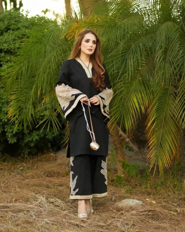 Almond EMB Shirt With Almond EMB Plazo (Black)
